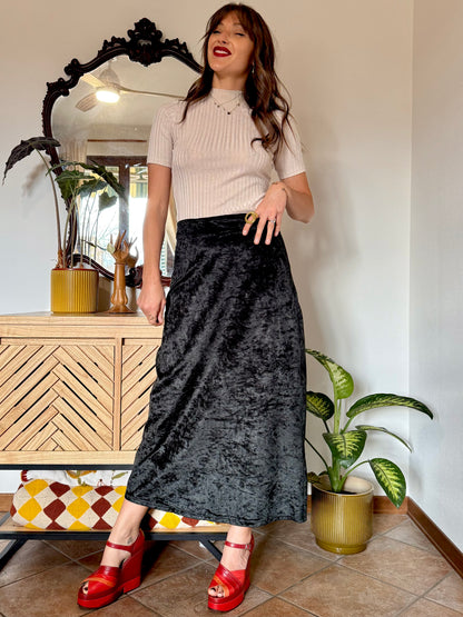 1990's vintage black crushed velvet maxi skirt