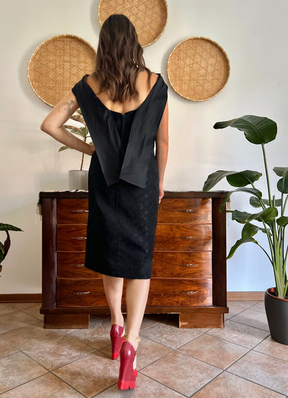 1960's vintage black brocade black midi dress with satin detailing