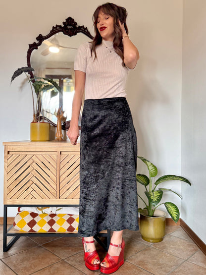 1990's vintage black crushed velvet maxi skirt