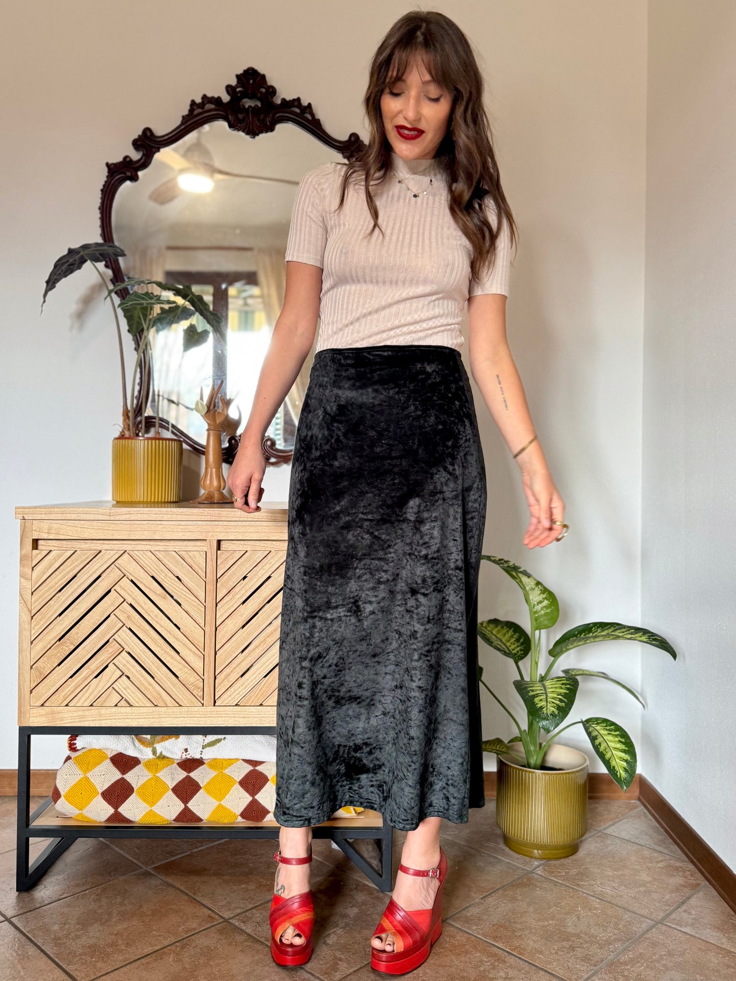 1990's vintage black crushed velvet maxi skirt