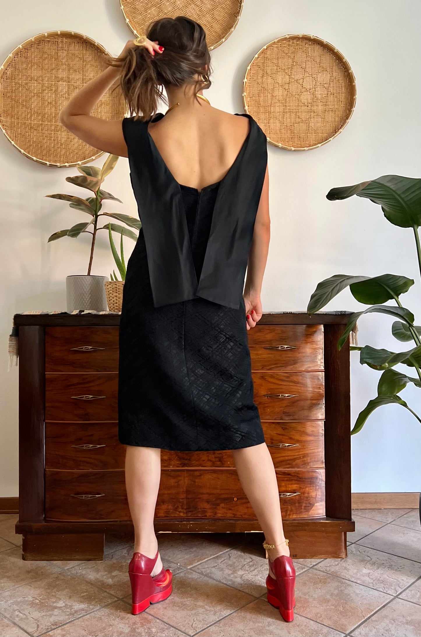 1960's vintage black brocade black midi dress with satin detailing
