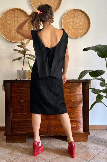 1960's vintage black brocade black midi dress with satin detailing