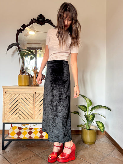 1990's vintage black crushed velvet maxi skirt