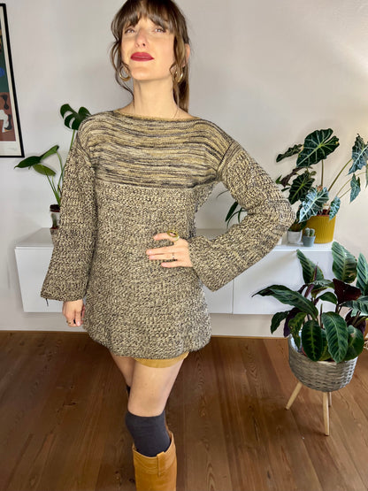 1970's vintage tan and black hand knit belle sleeve mini dress