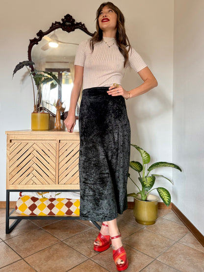 1990's vintage black crushed velvet maxi skirt