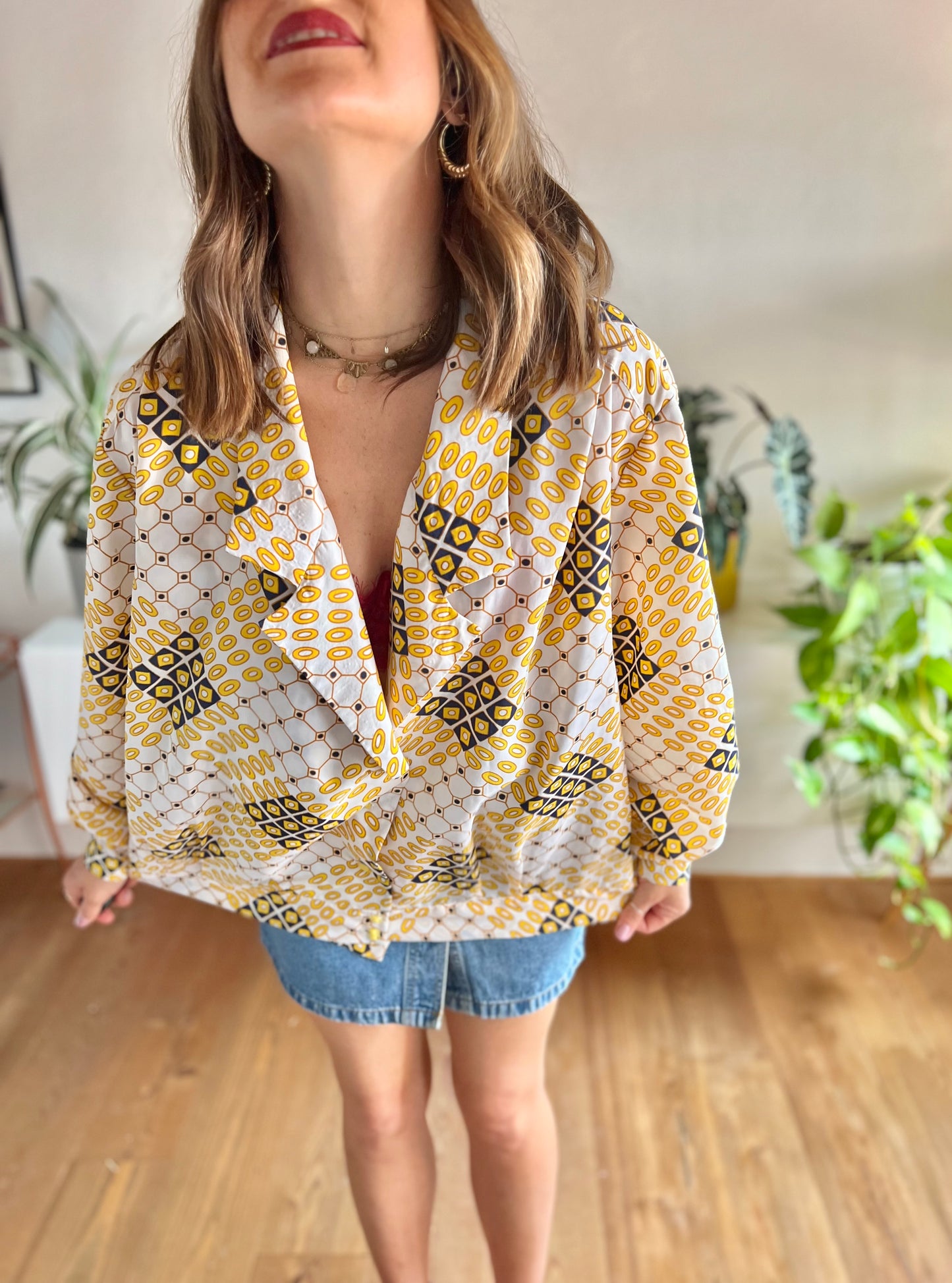 1970's vintage yellow and navy oversize geometric print blouse