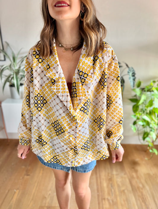 1970's vintage yellow and navy oversize geometric print blouse