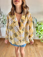 1970's vintage yellow and navy oversize geometric print blouse