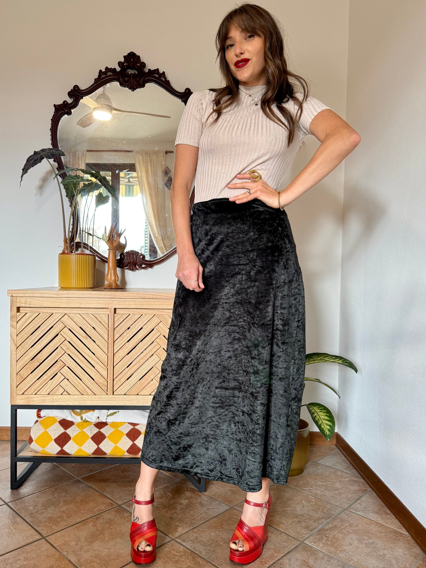 1990's vintage black crushed velvet maxi skirt