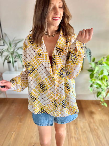 1970's vintage yellow and navy oversize geometric print blouse