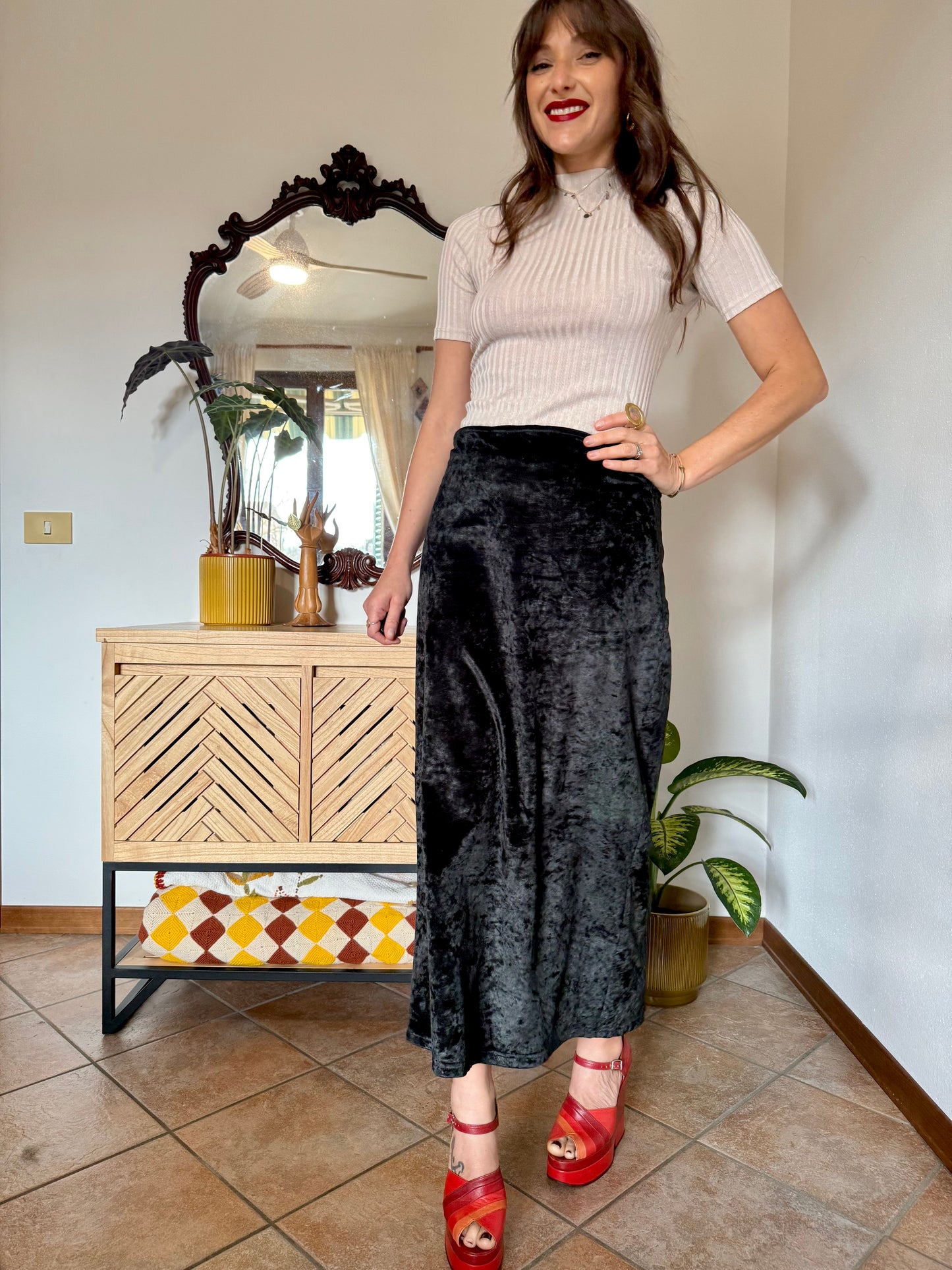 1990's vintage black crushed velvet maxi skirt
