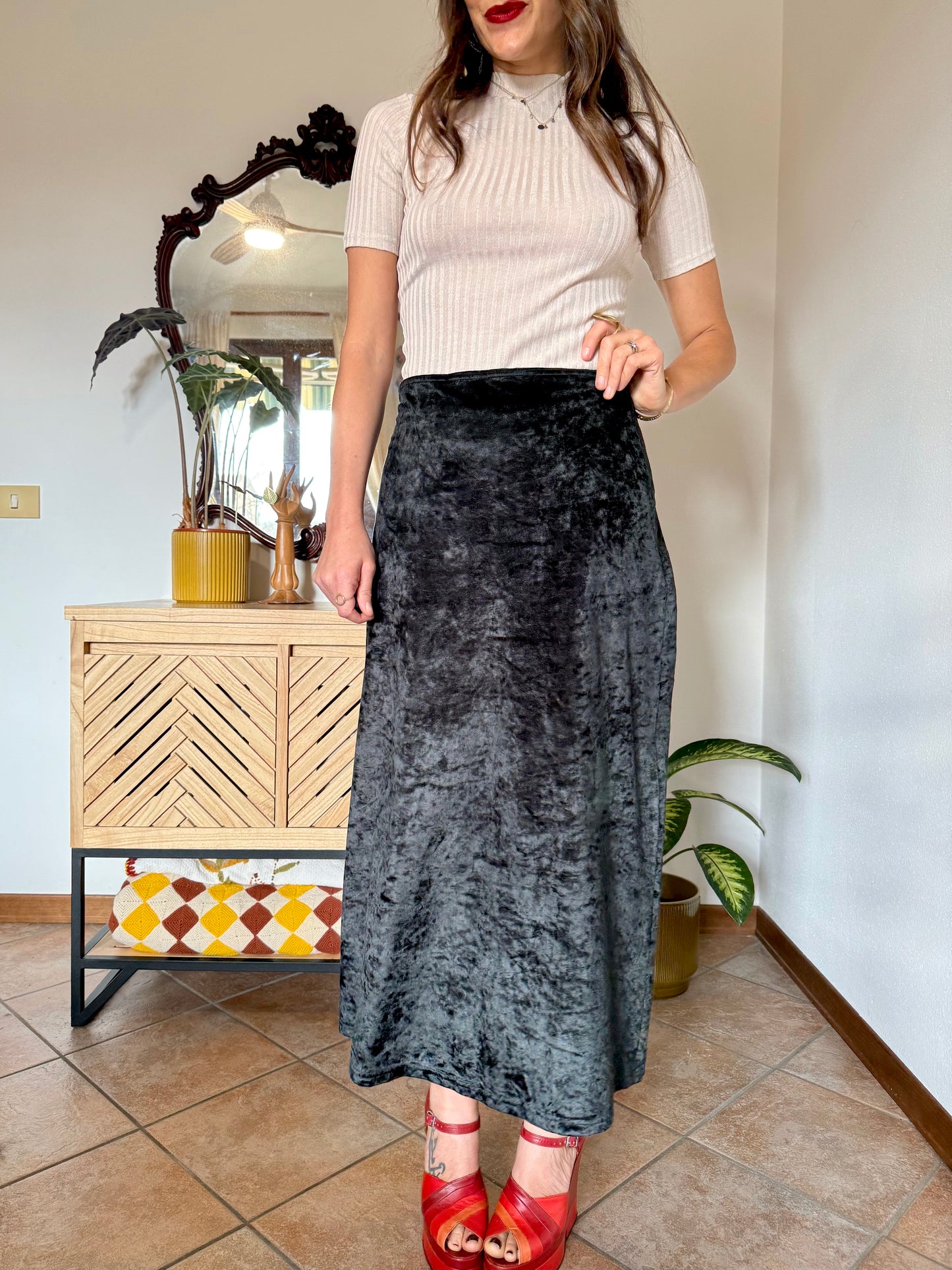 1990's vintage black crushed velvet maxi skirt