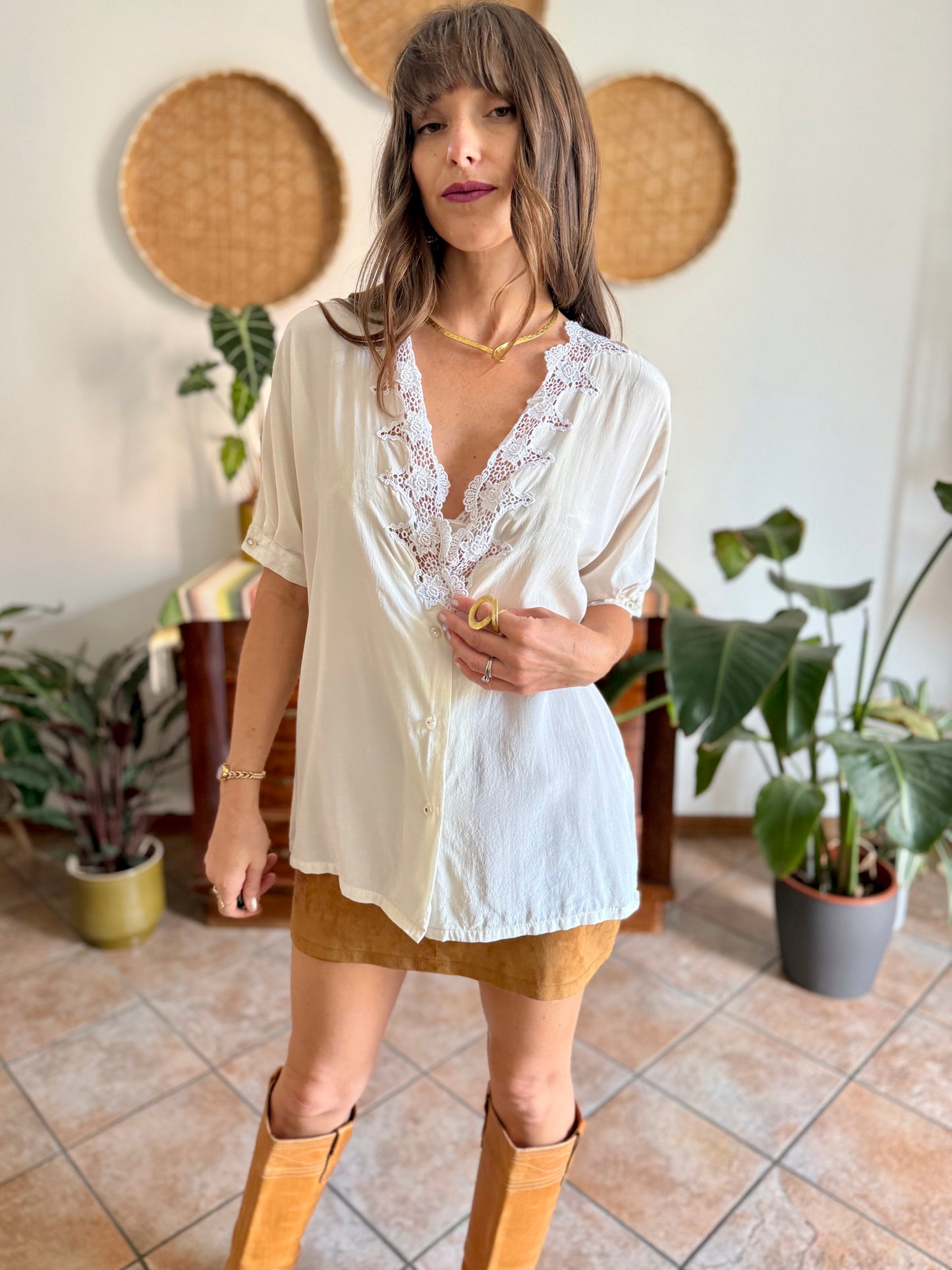 1970's vintage cream silk blouse with crochet floral crocheted lace