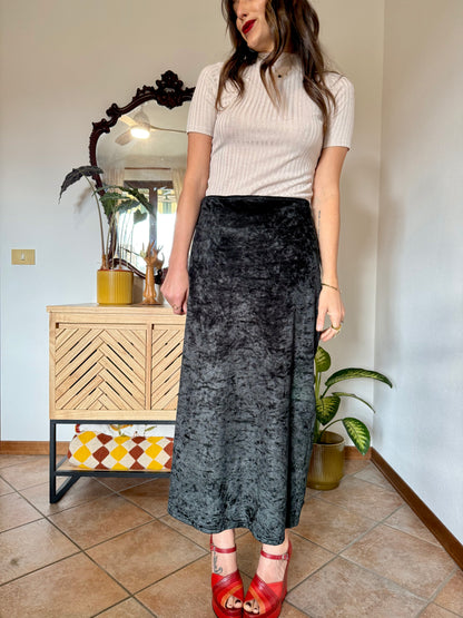 1990's vintage black crushed velvet maxi skirt