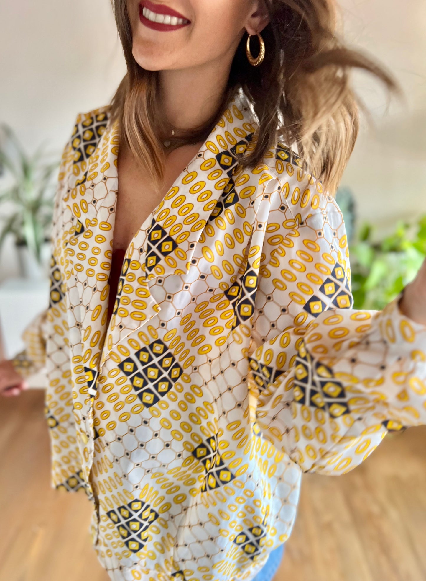 1970's vintage yellow and navy oversize geometric print blouse