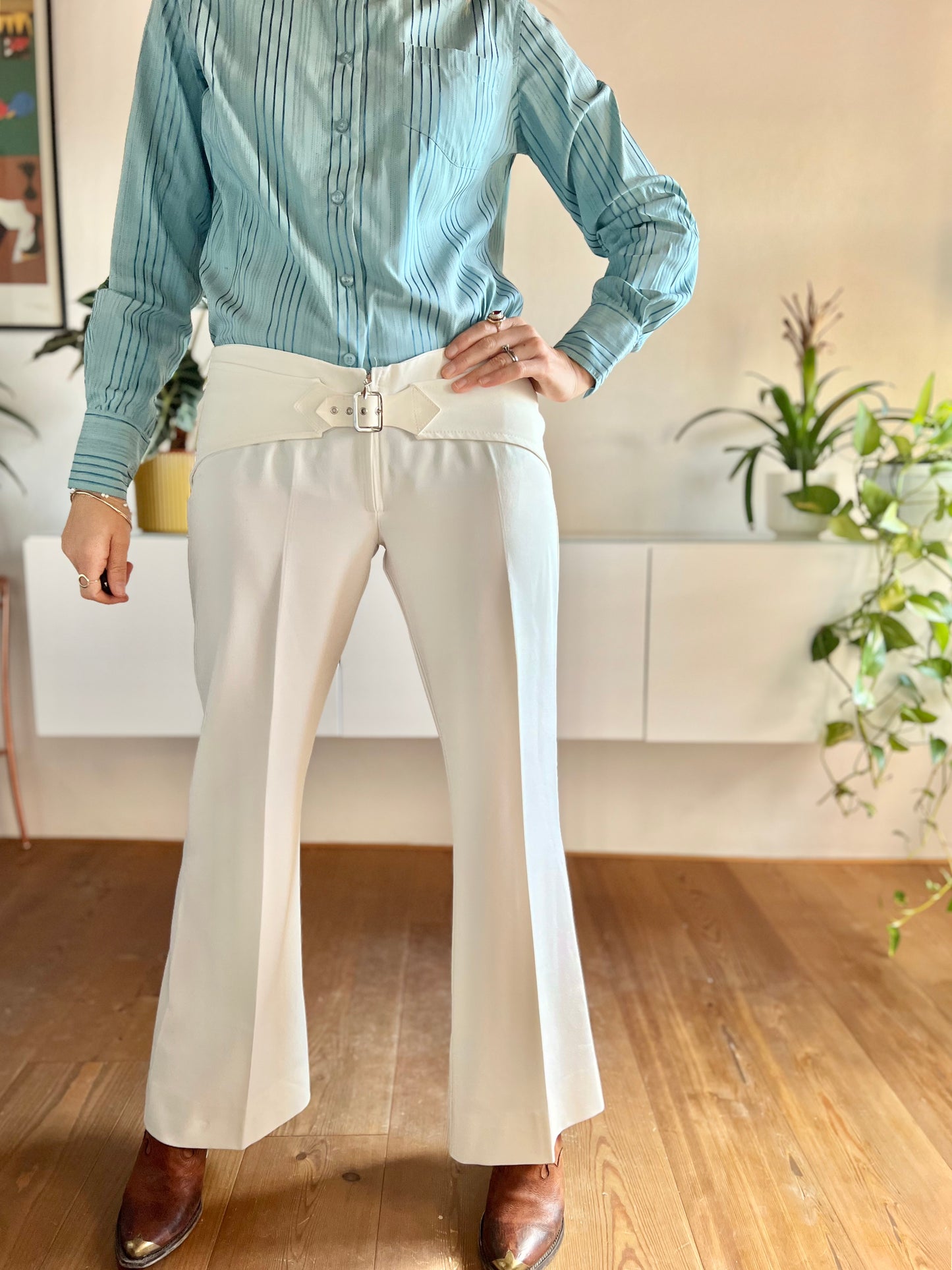 1970's vintage cream bell bottoms with built in belt