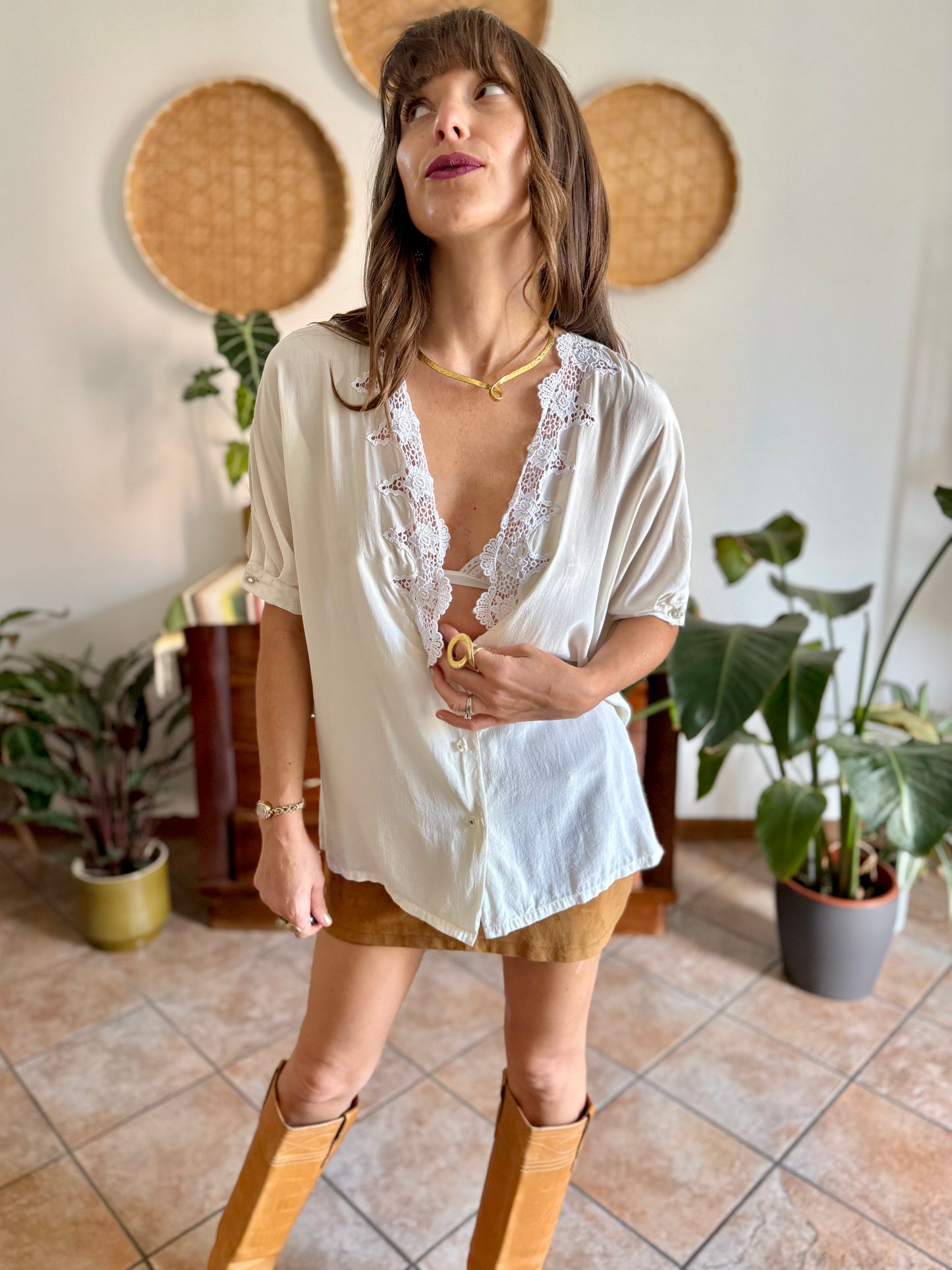 1970's vintage cream silk blouse with crochet floral crocheted lace