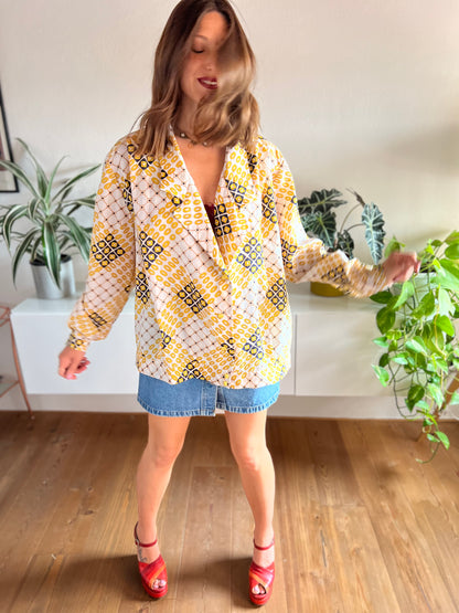 1970's vintage yellow and navy oversize geometric print blouse