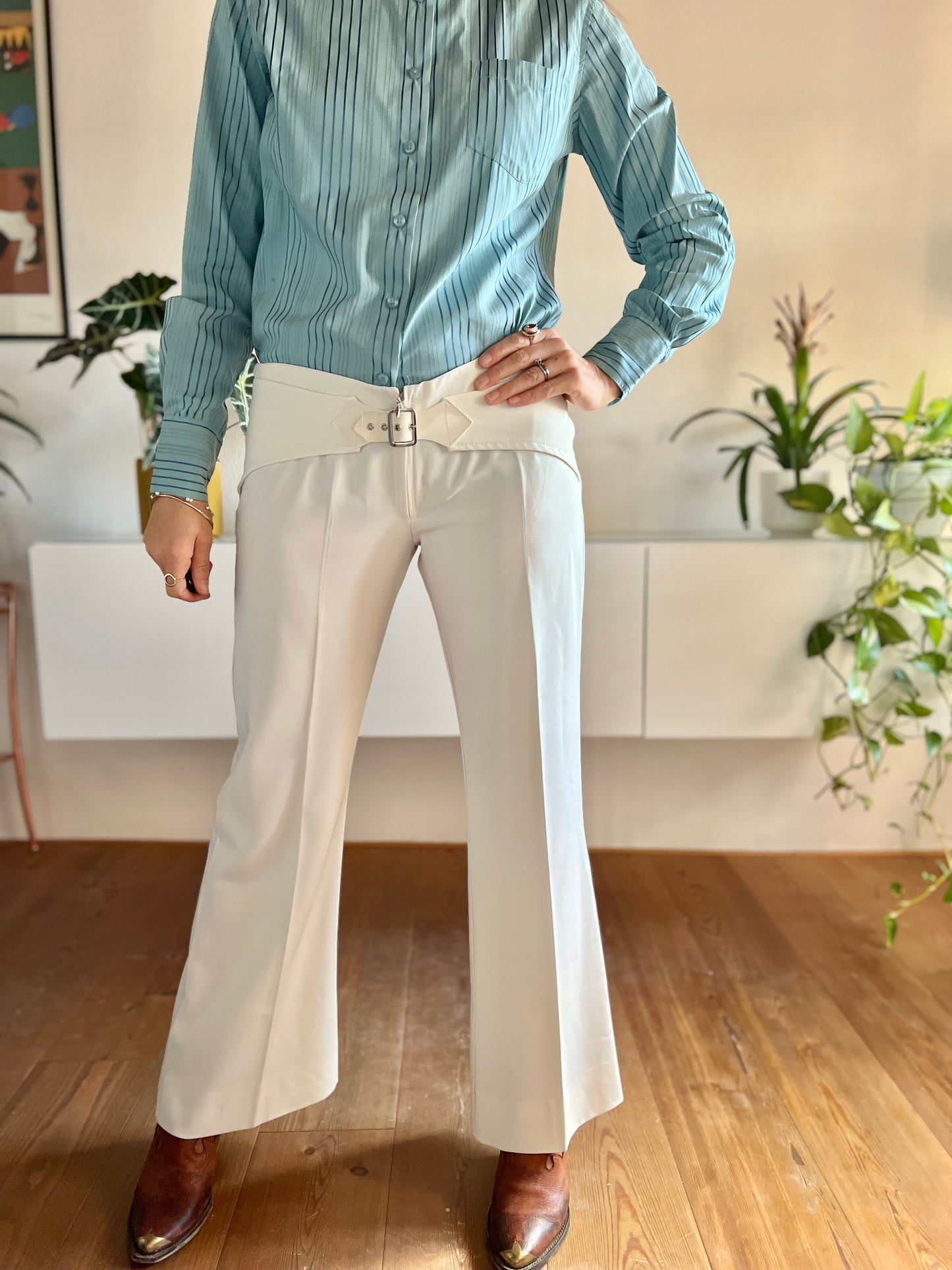 1970's vintage cream bell bottoms with built in belt