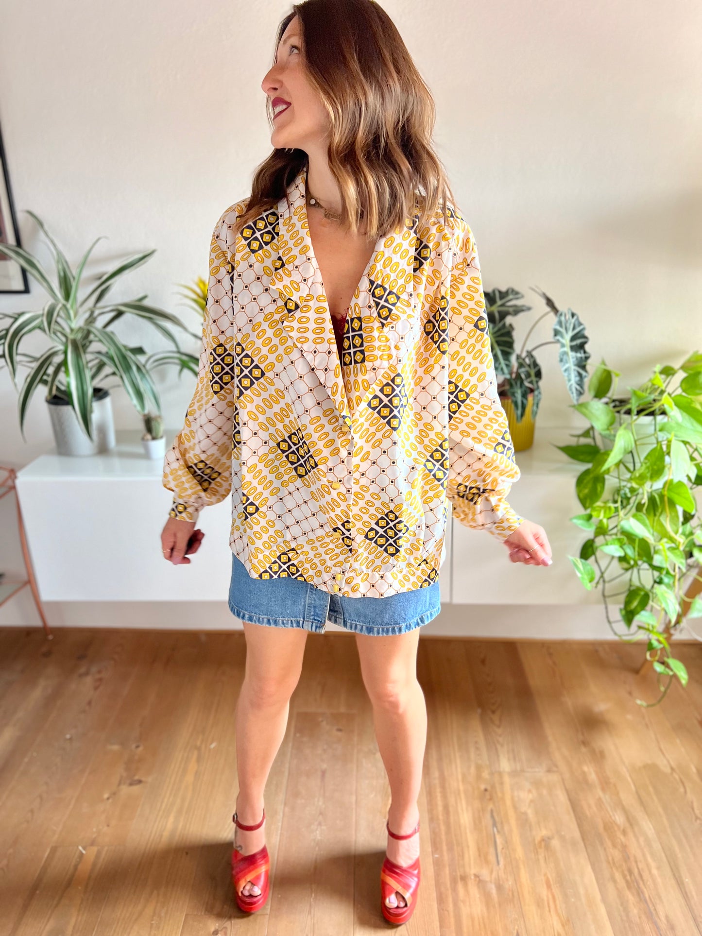 1970's vintage yellow and navy oversize geometric print blouse