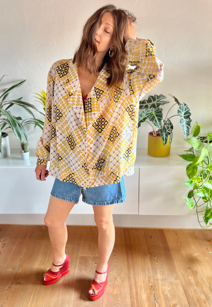 1970's vintage yellow and navy oversize geometric print blouse