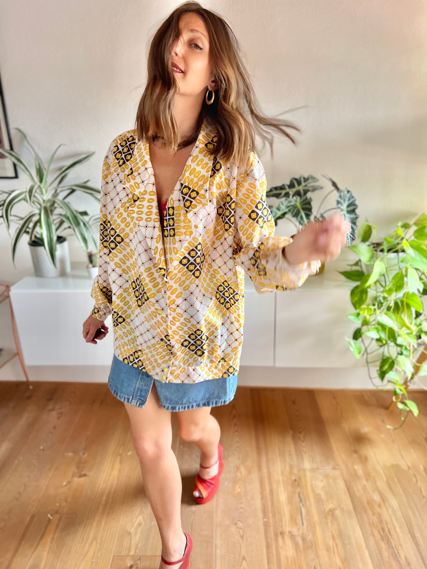 1970's vintage yellow and navy oversize geometric print blouse