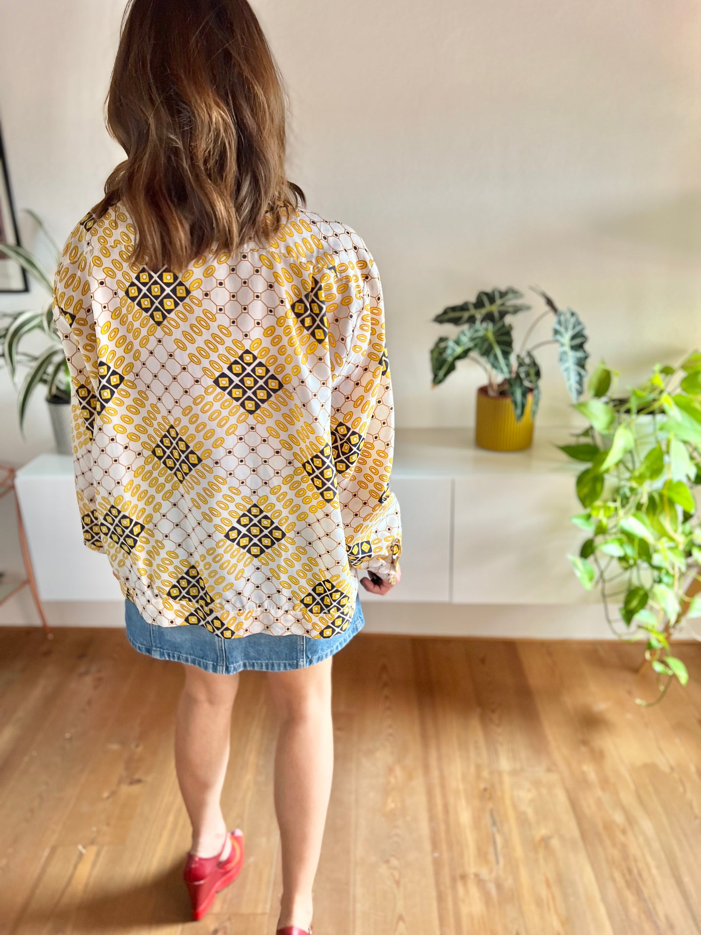 1970's vintage yellow and navy oversize geometric print blouse