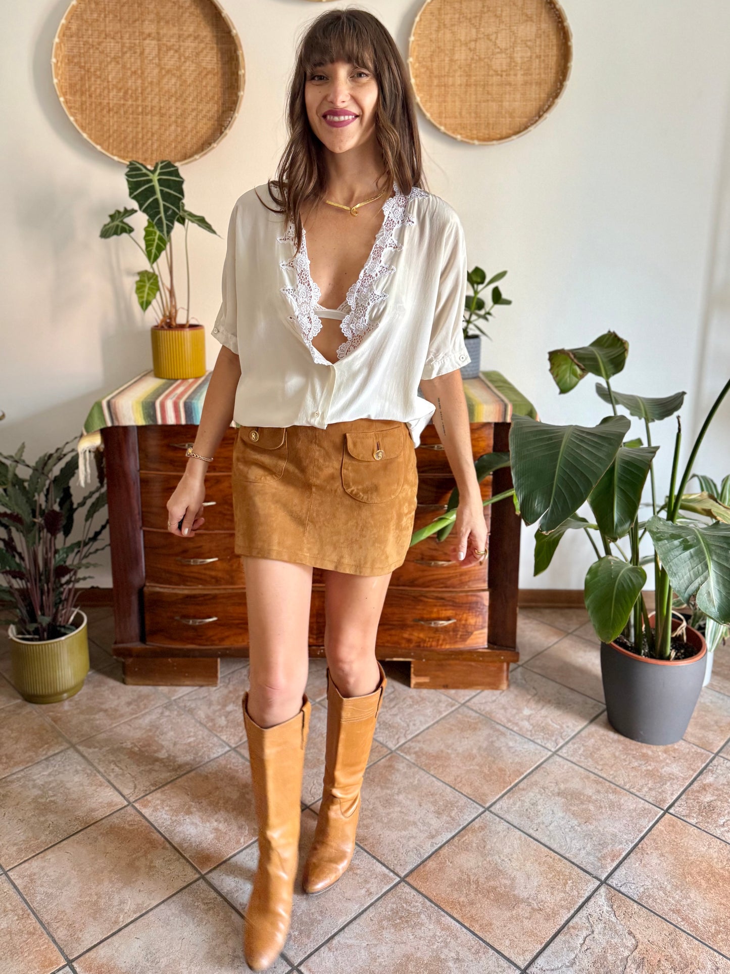 1970's vintage cream silk blouse with crochet floral crocheted lace