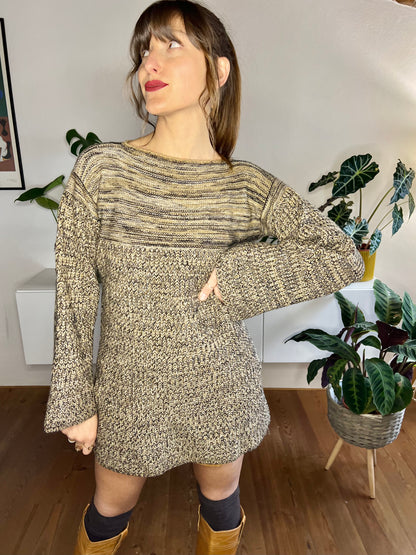 1970's vintage tan and black hand knit belle sleeve mini dress