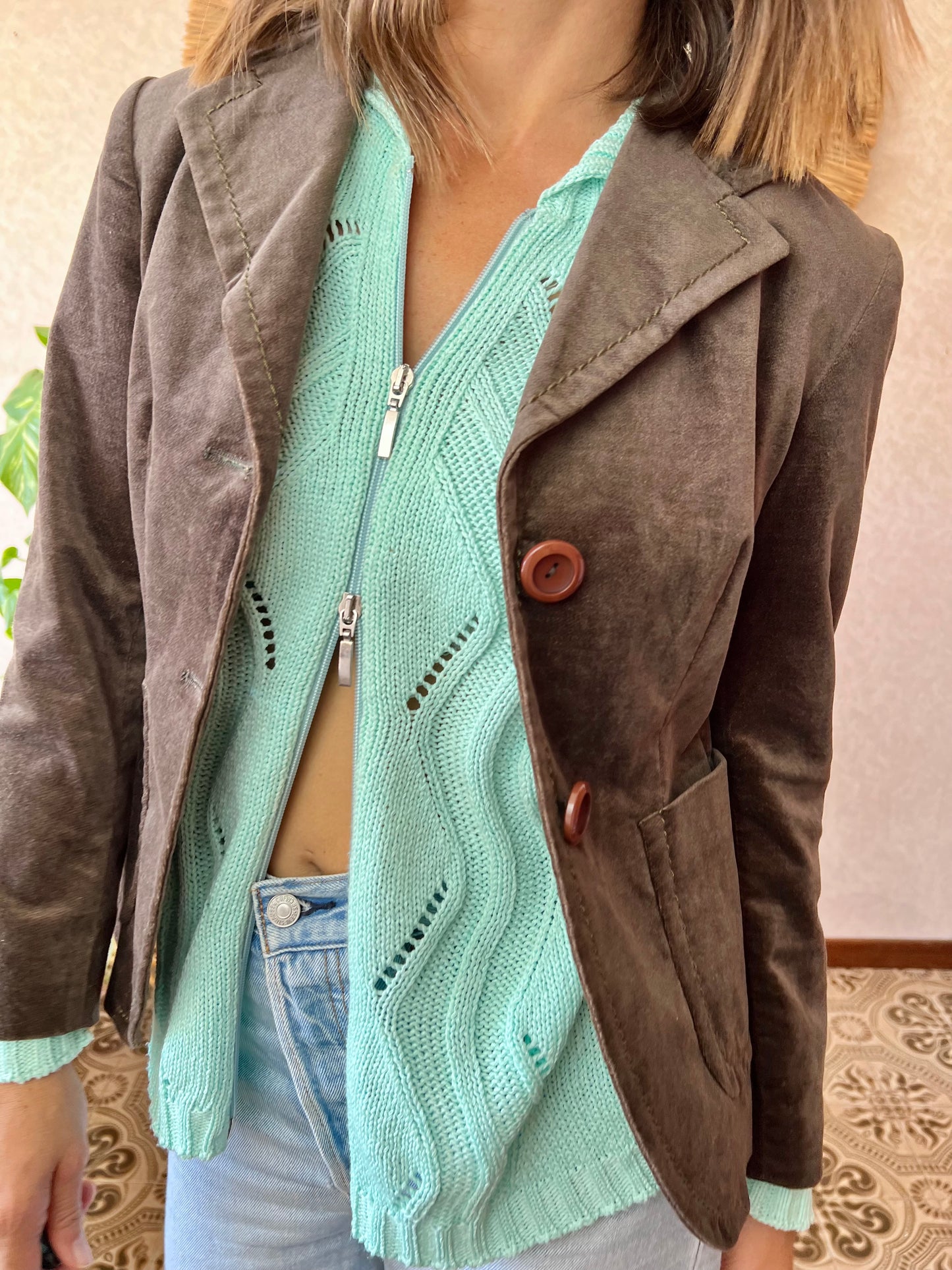 1990's vintage dark khaki green crushed velvet blazer