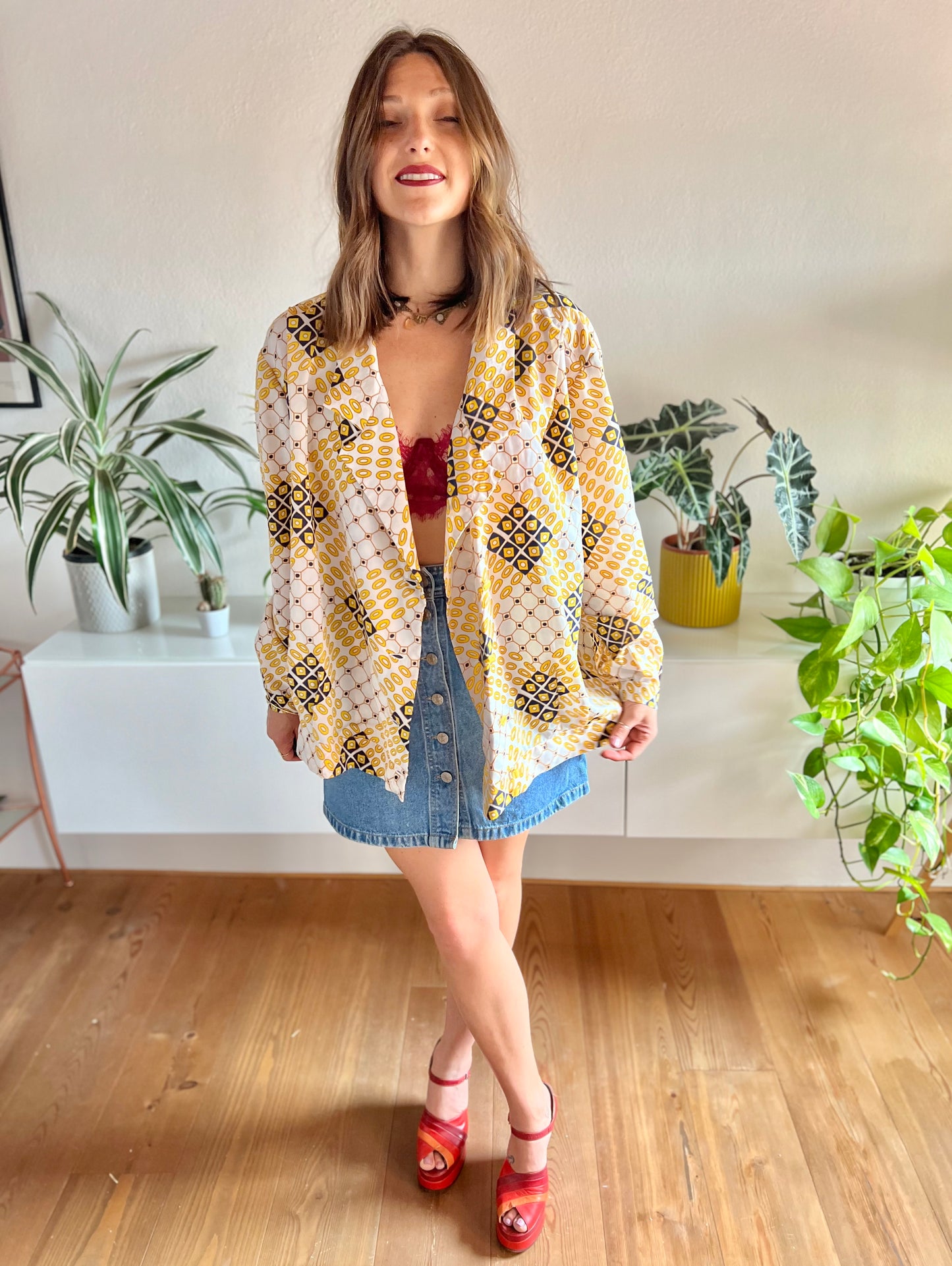 1970's vintage yellow and navy oversize geometric print blouse