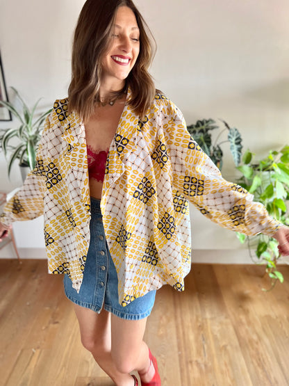 1970's vintage yellow and navy oversize geometric print blouse