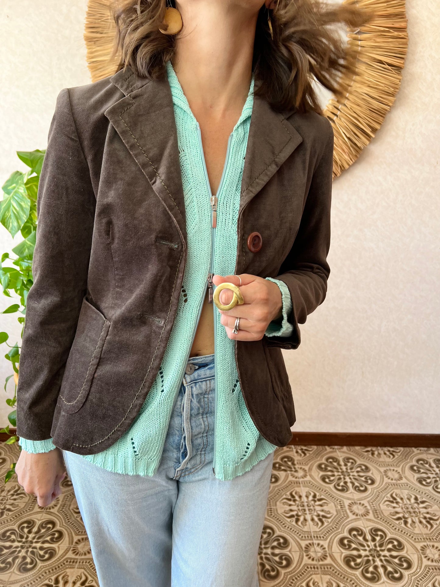 1990's vintage dark khaki green crushed velvet blazer