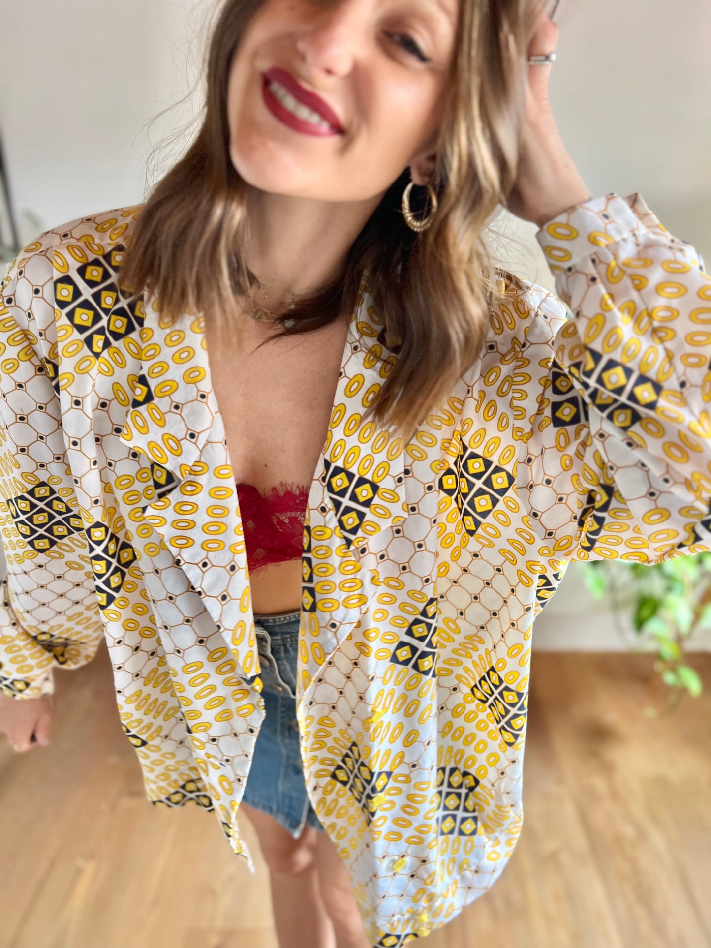 1970's vintage yellow and navy oversize geometric print blouse