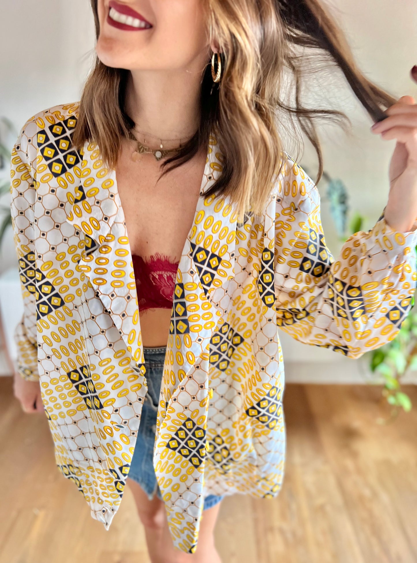 1970's vintage yellow and navy oversize geometric print blouse