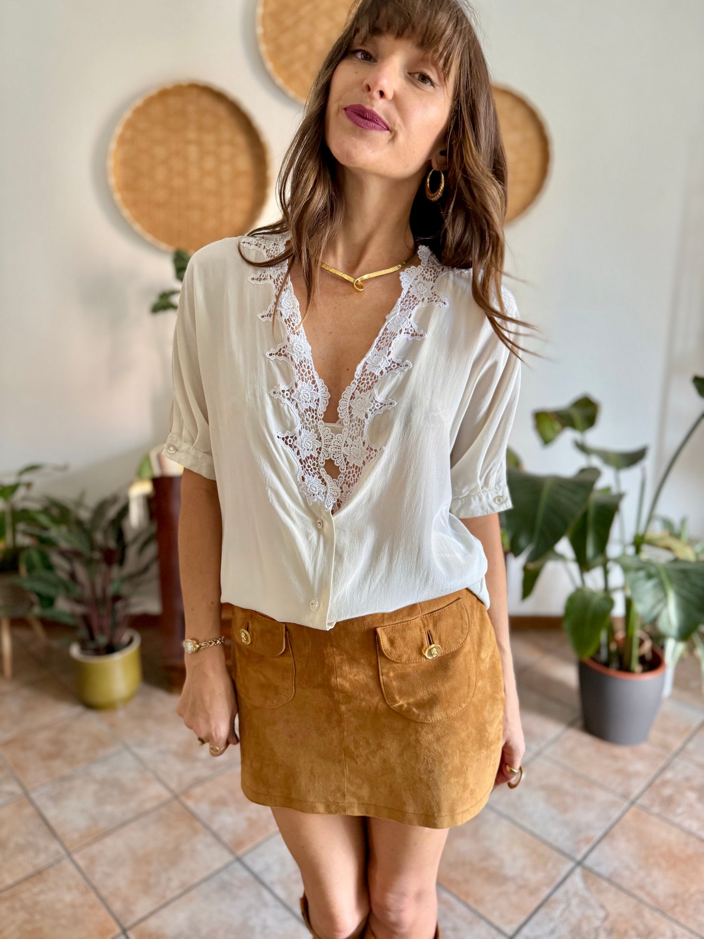 1970's vintage cream silk blouse with crochet floral crocheted lace