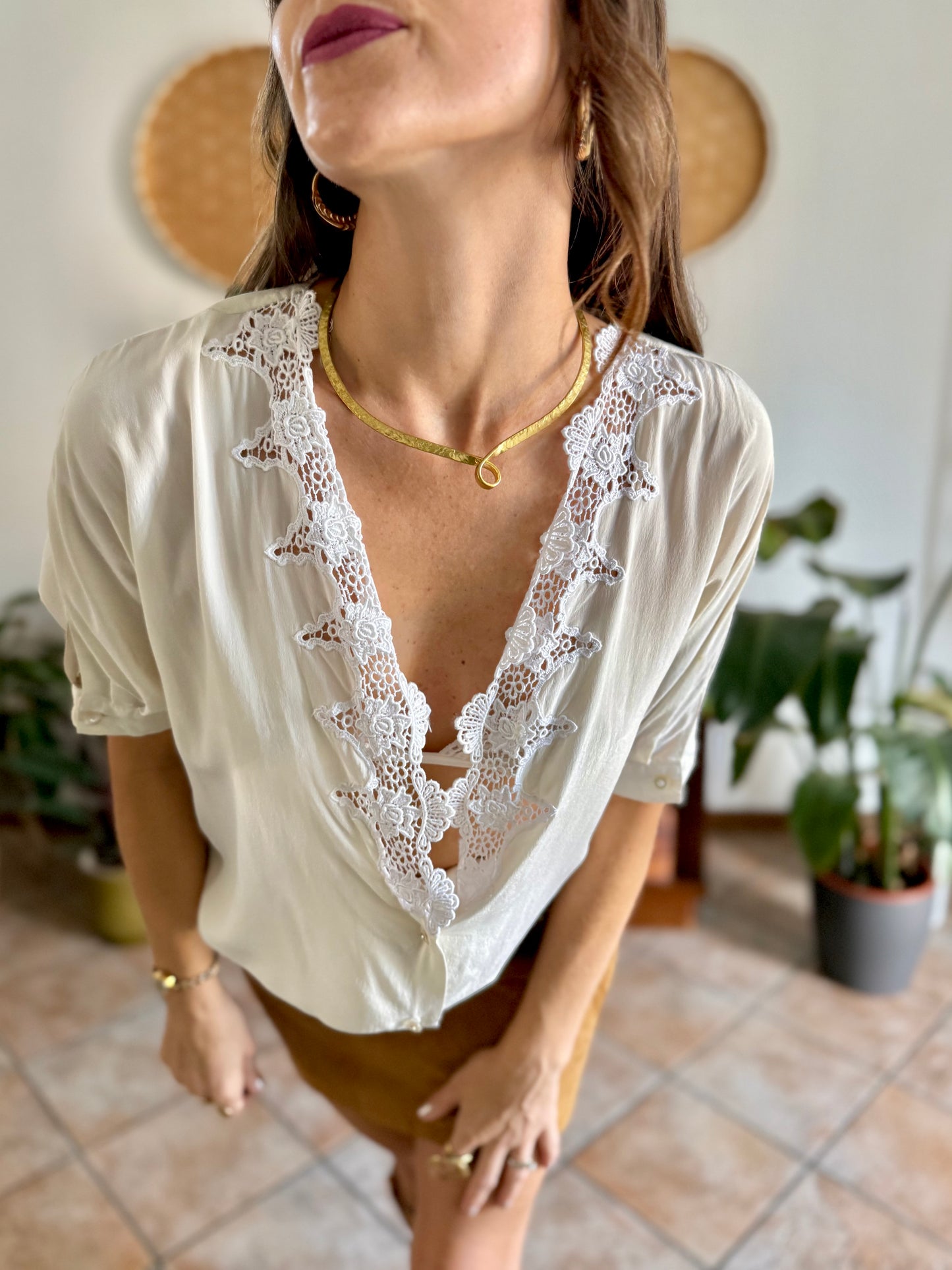 1970's vintage cream silk blouse with crochet floral crocheted lace