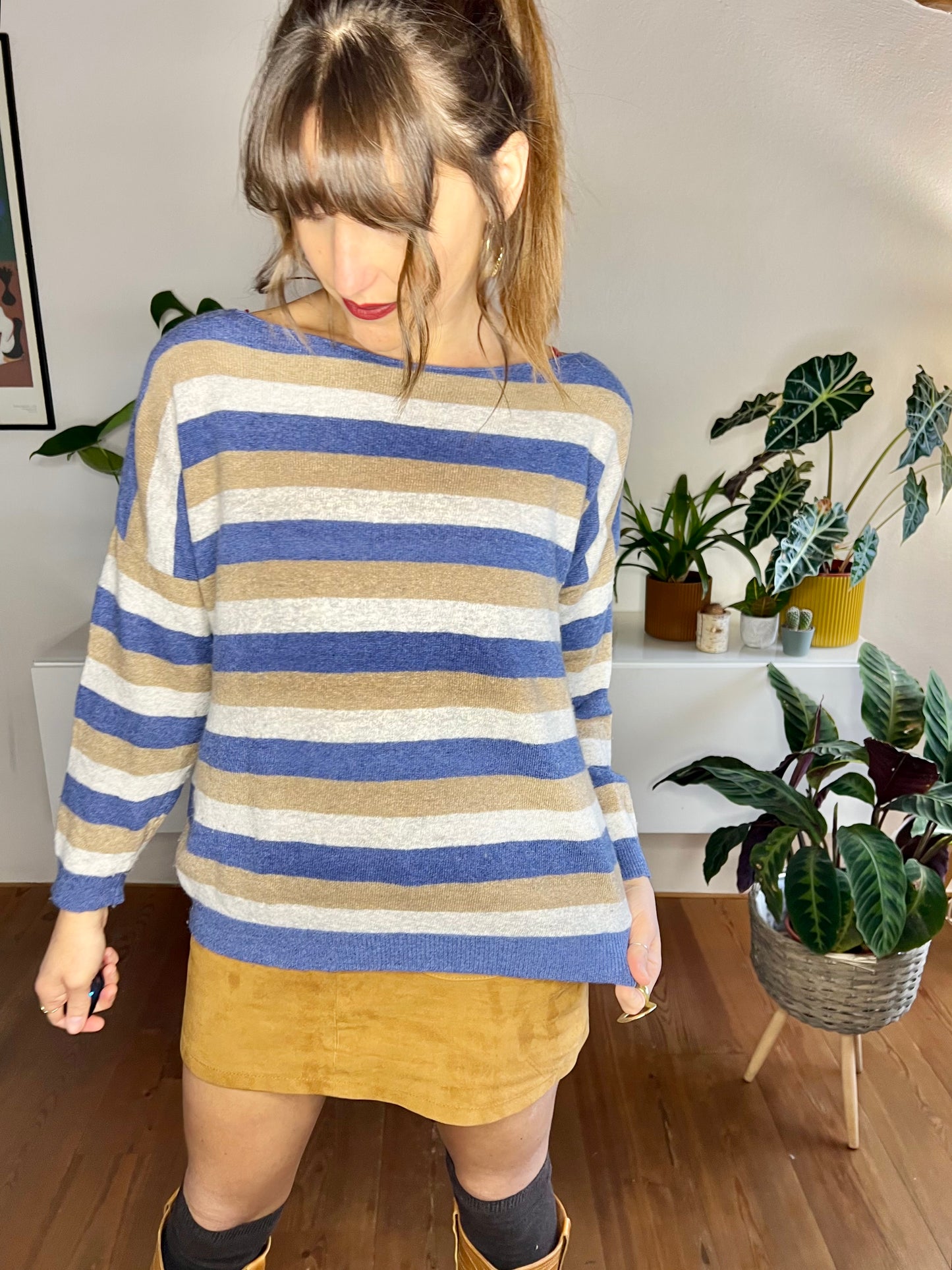 1990's vintage blue and tan stripe cashmere blend pullover