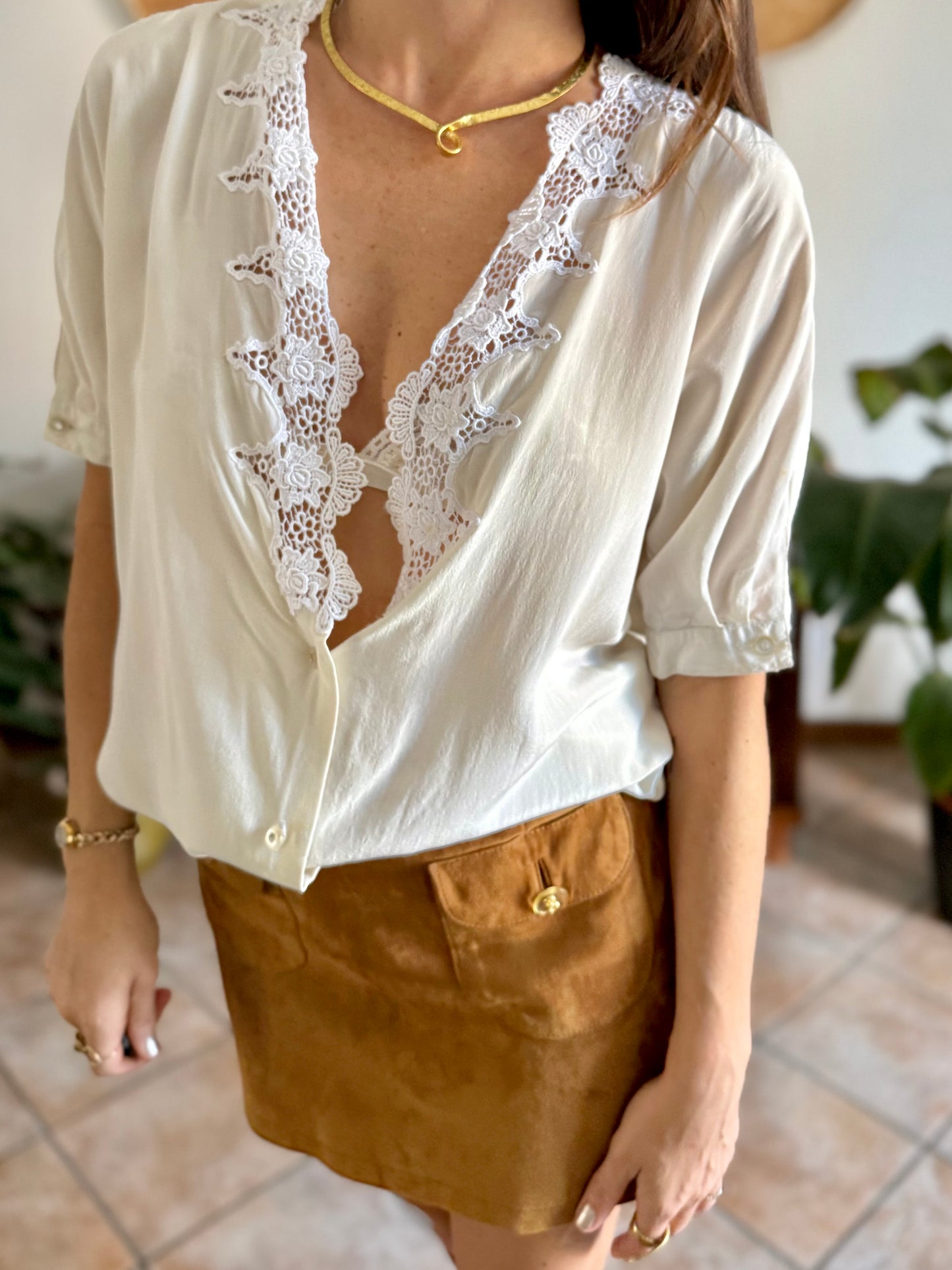 1970's vintage cream silk blouse with crochet floral crocheted lace