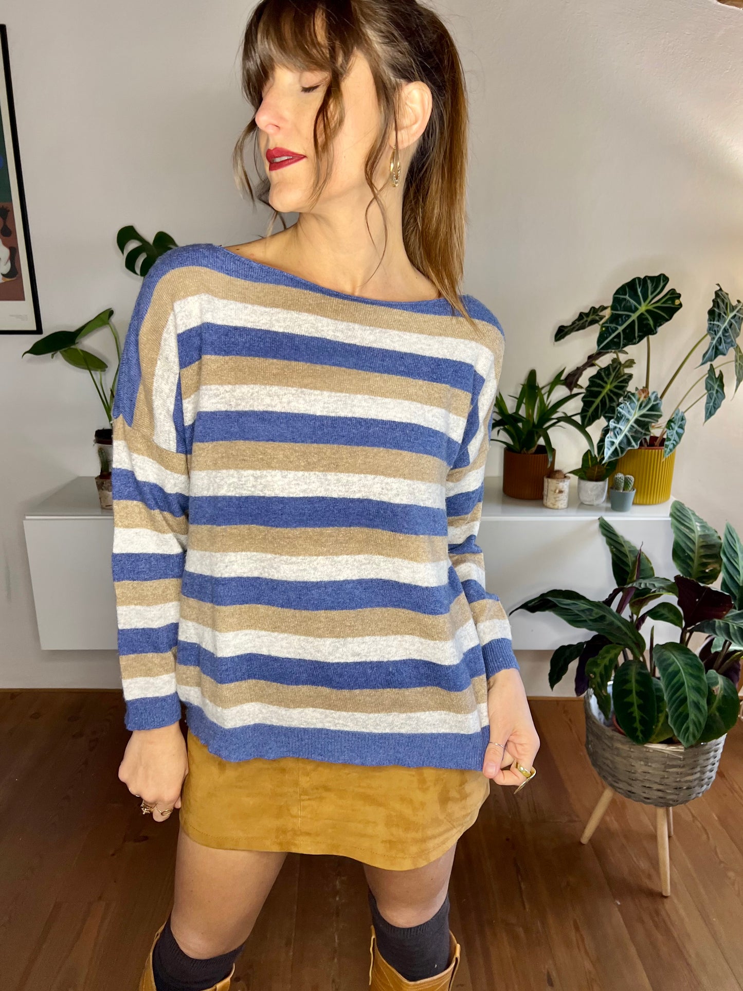 1990's vintage blue and tan stripe cashmere blend pullover