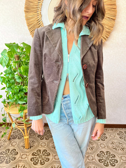 1990's vintage dark khaki green crushed velvet blazer