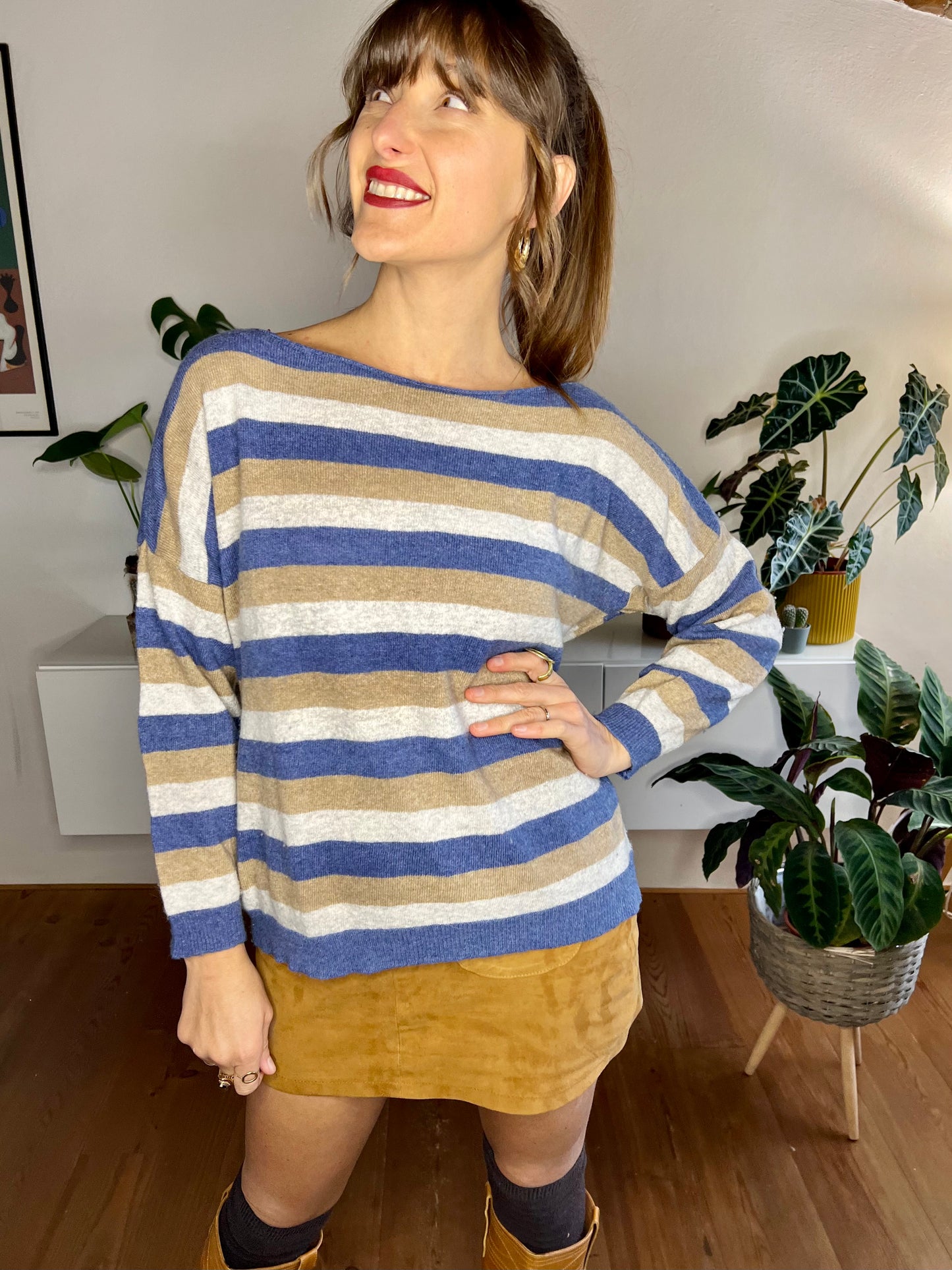 1990's vintage blue and tan stripe cashmere blend pullover