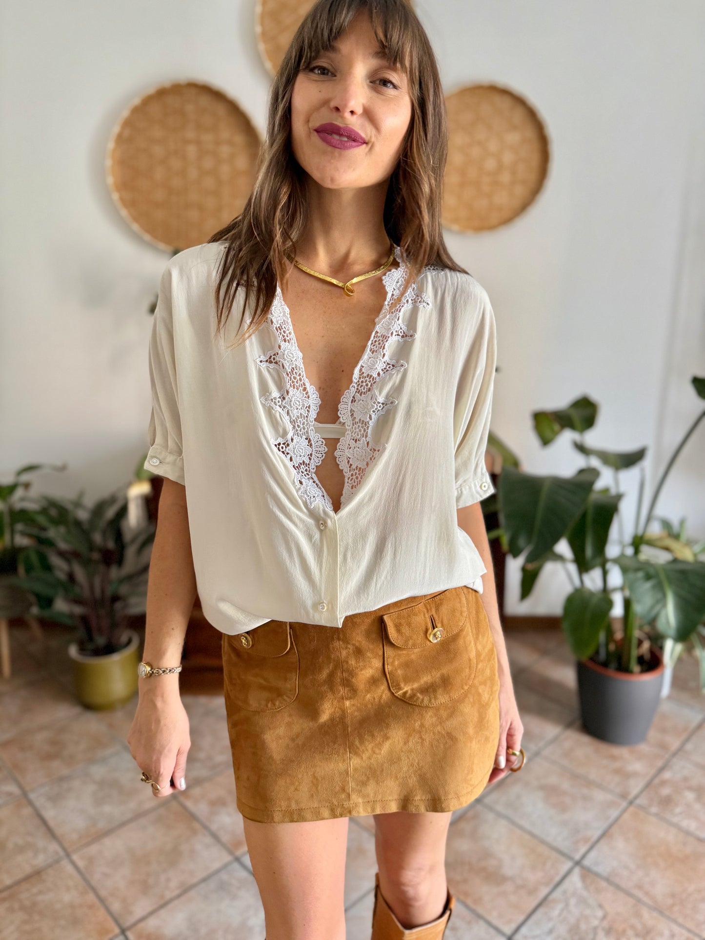 1970's vintage cream silk blouse with crochet floral crocheted lace