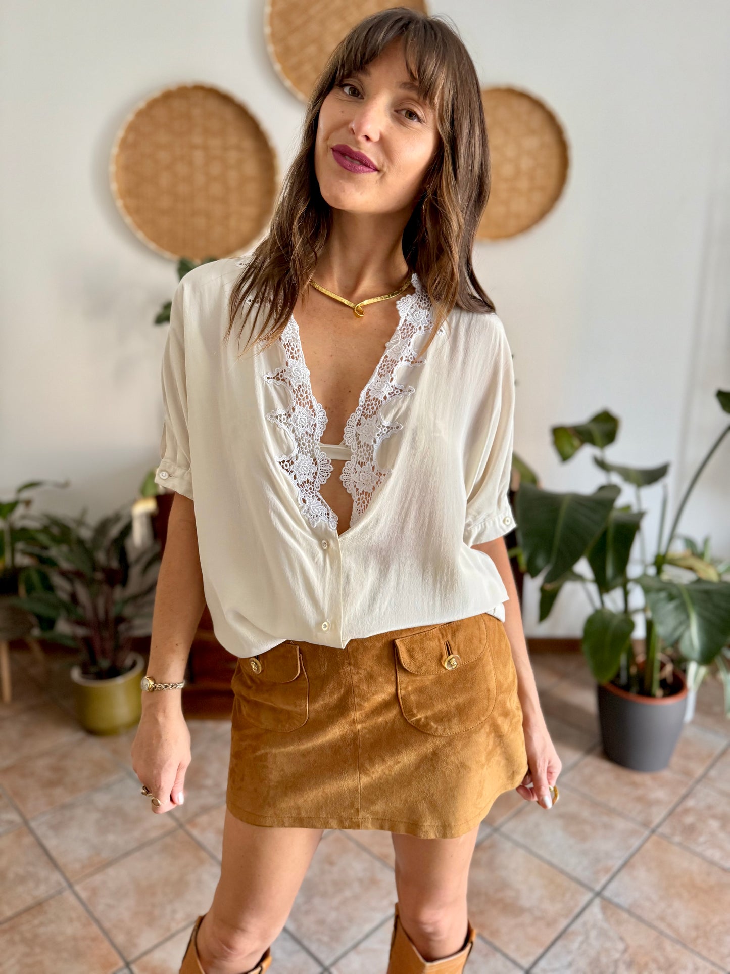 1970's vintage cream silk blouse with crochet floral crocheted lace