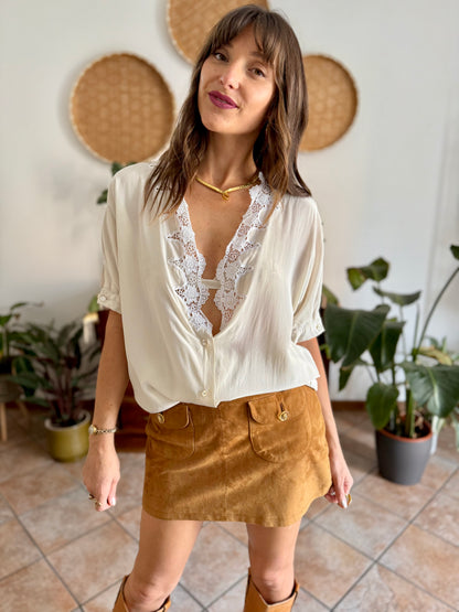 1970's vintage cream silk blouse with crochet floral crocheted lace