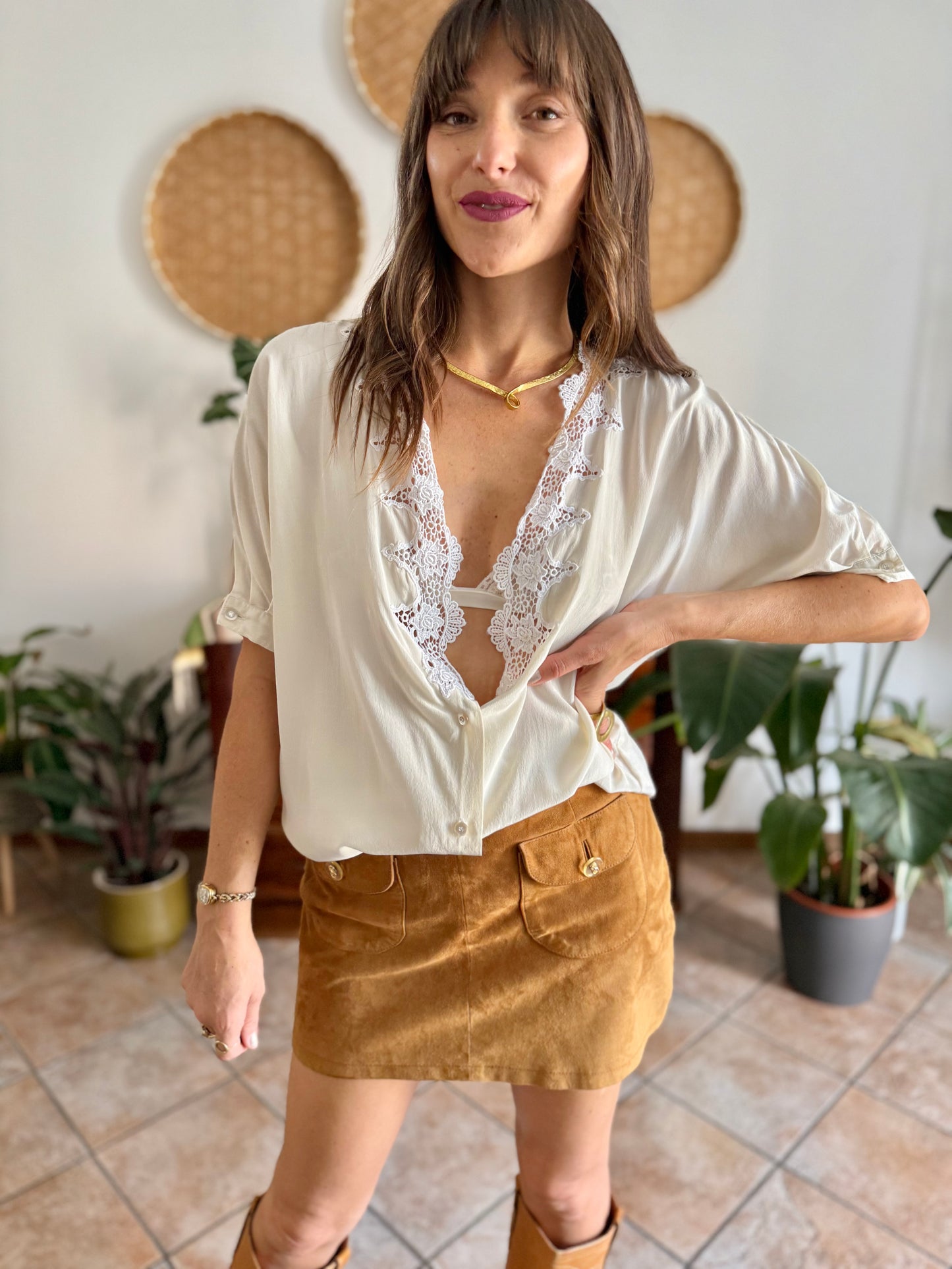1970's vintage cream silk blouse with crochet floral crocheted lace