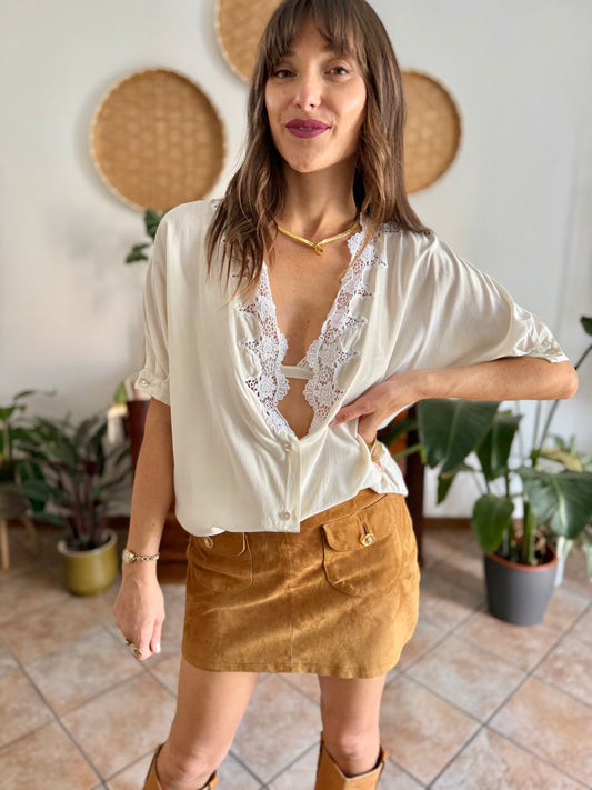 1970's vintage cream silk blouse with crochet floral crocheted lace