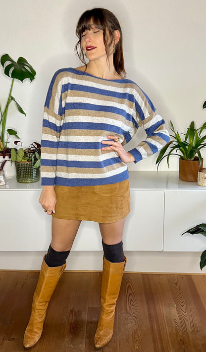 1990's vintage blue and tan stripe cashmere blend pullover