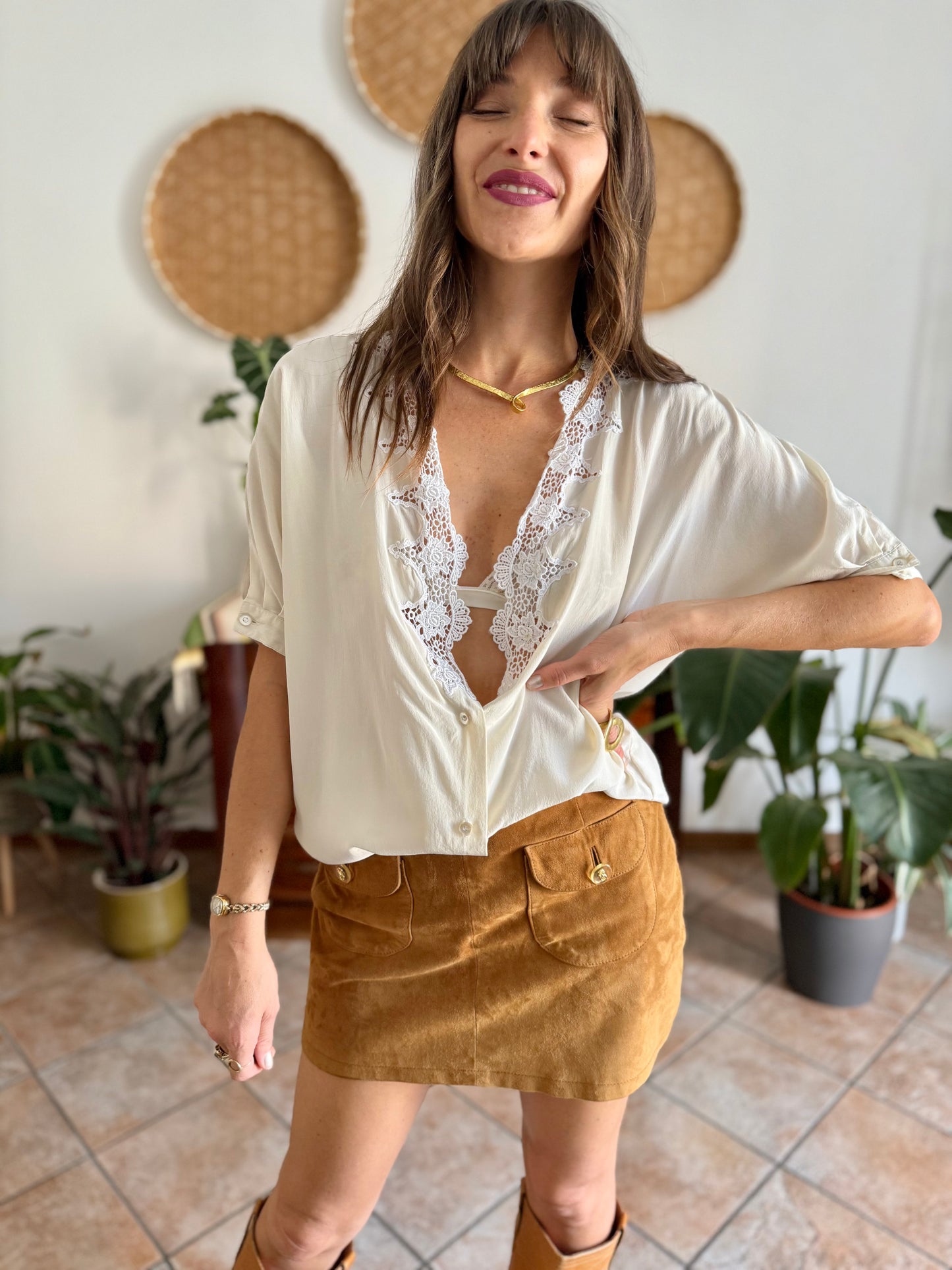 1970's vintage cream silk blouse with crochet floral crocheted lace