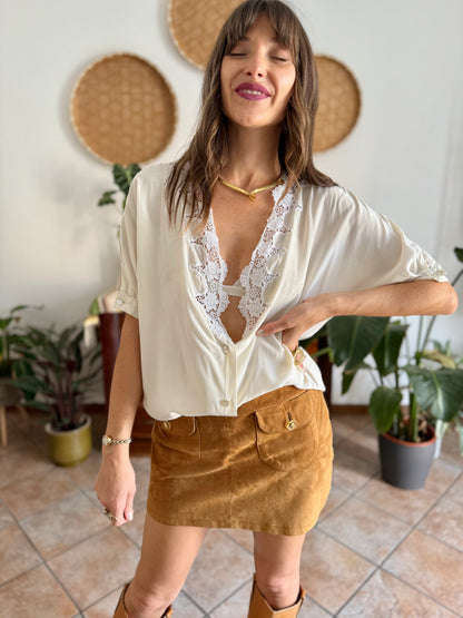 1970's vintage cream silk blouse with crochet floral crocheted lace